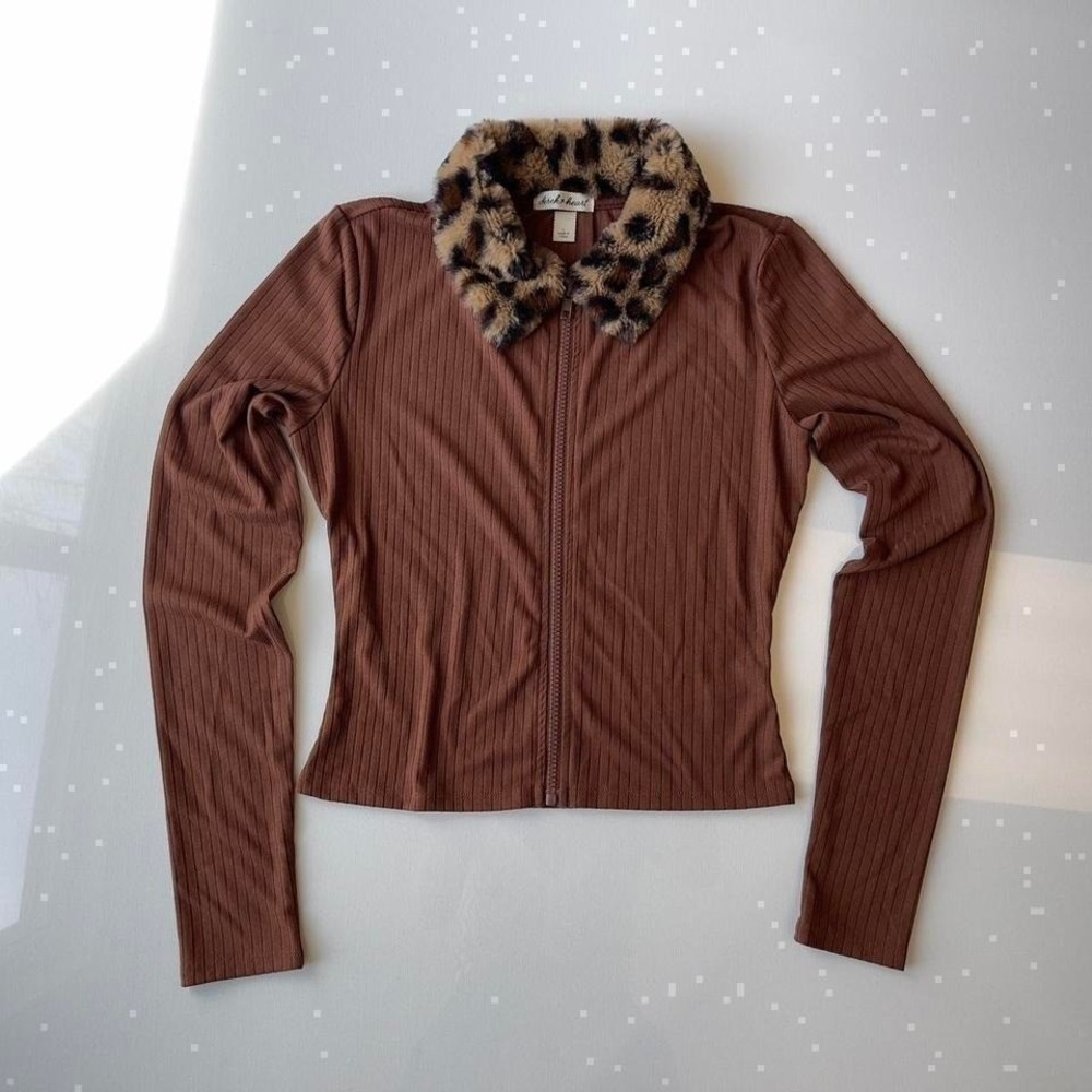 NWOT Derek Heart Brown Faux Fur Collar Zip Top Indie Grunge Clueless Size S - Picture 8 of 8